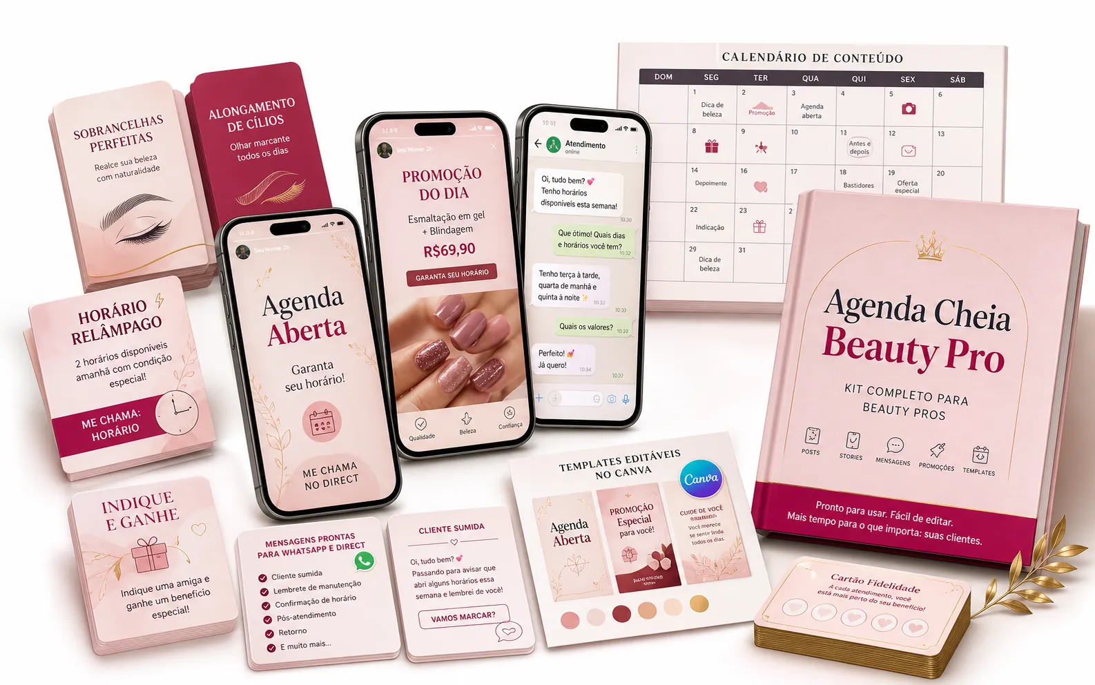 Mockup do Kit Agenda Cheia Beauty Pro com celulares, templates, mensagens e calendário