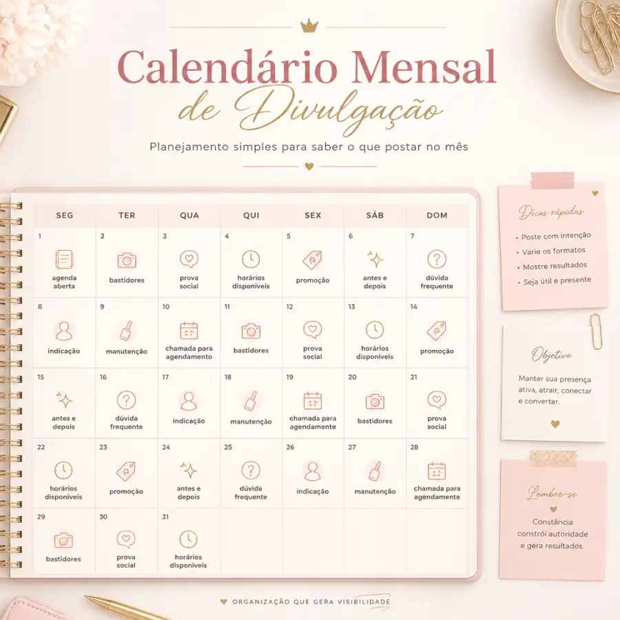 Calendário mensal de divulgação com planejamento de conteúdos para beleza