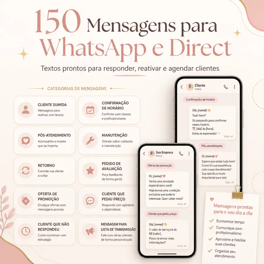 150 mensagens prontas para WhatsApp e Direct com categorias de atendimento