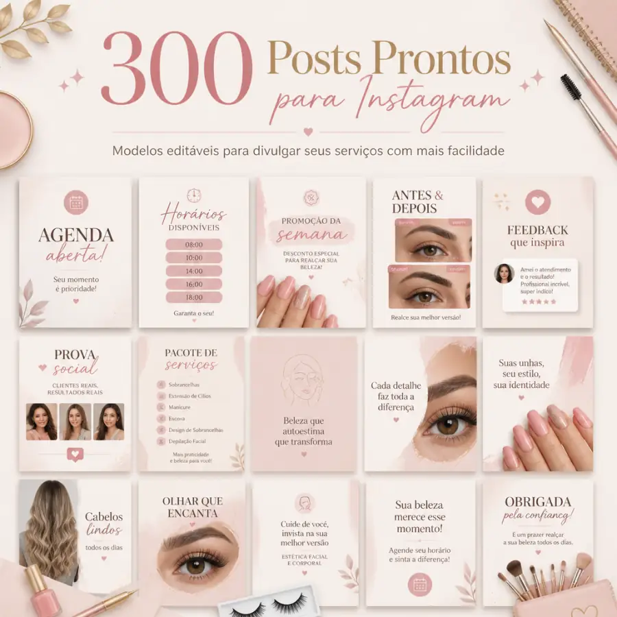 300 posts prontos para Instagram em modelos editáveis para beleza