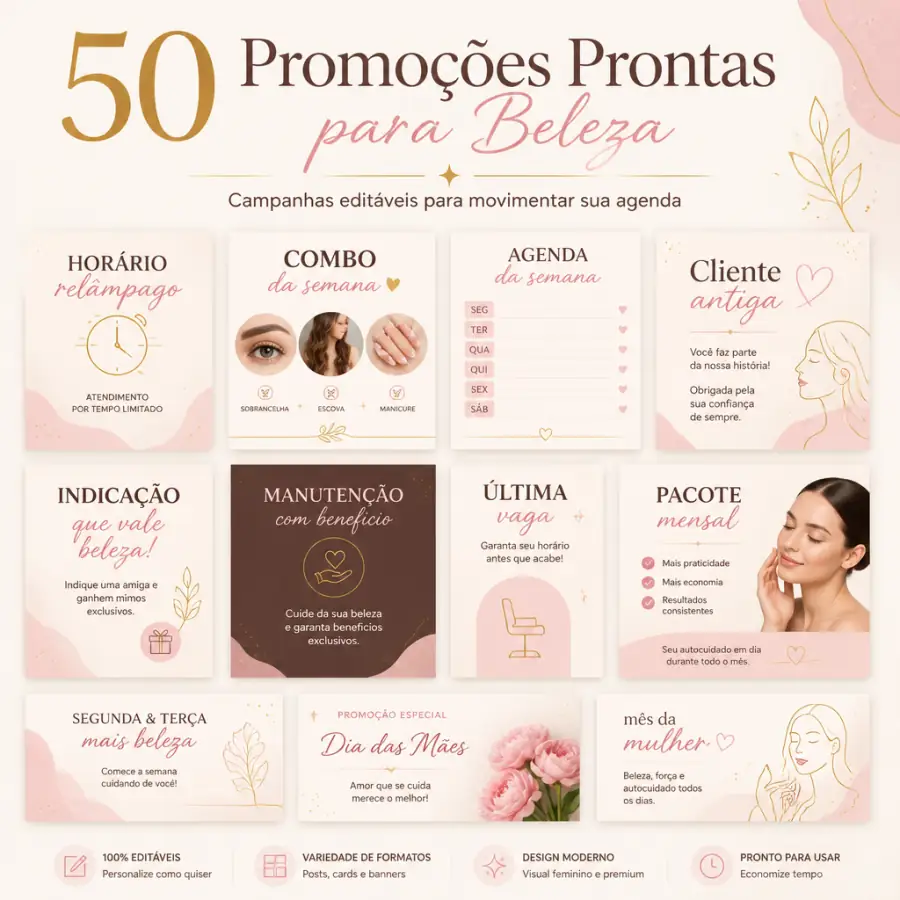 50 promoções prontas para beleza em cards editáveis