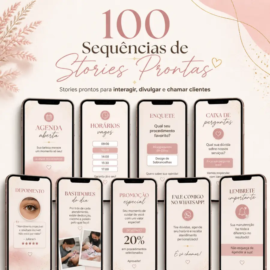 100 sequências de stories prontas em mockups de celulares