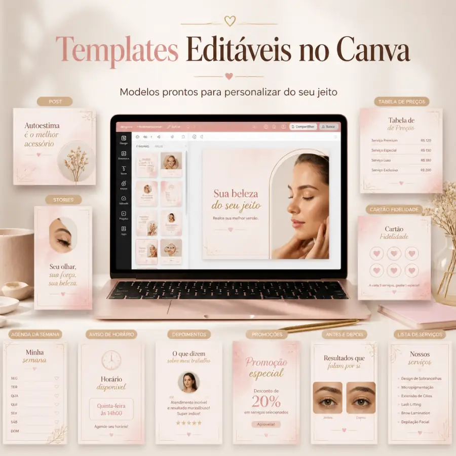 Templates editáveis no Canva para posts, stories, tabela de preços e materiais de beleza